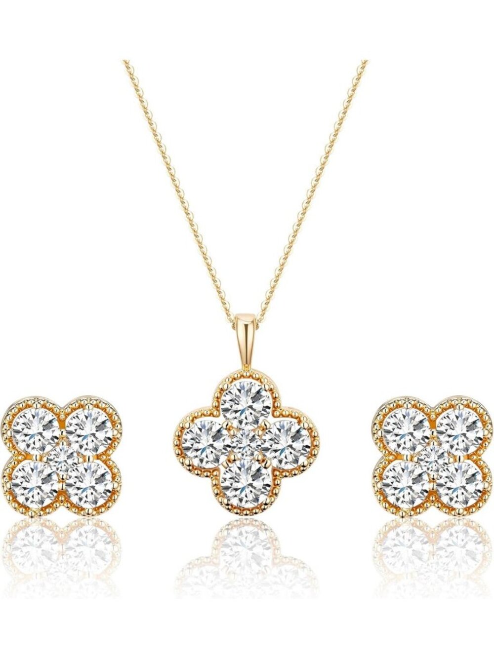 Dainty Clover Necklace & Stud Earrings Set - 14K Gold Plated Lucky Jewelry Gift